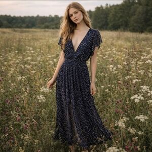 Blue Polka Dot Maxi Dress Long Flowy Feminine Sundress Flutter Sleeves V Neck 14